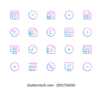 Calculation line icons. Calculator pictograms. Set of modern outline symbols collection. Minimal thin line design. Trendy gradient style graphic elements. Vector line icons set