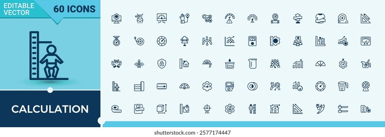 Calculation line icons set. Contains related to rulers, vintage scales, measure, icon, arrow, weight, measurement and more. Solid line editable stroke.