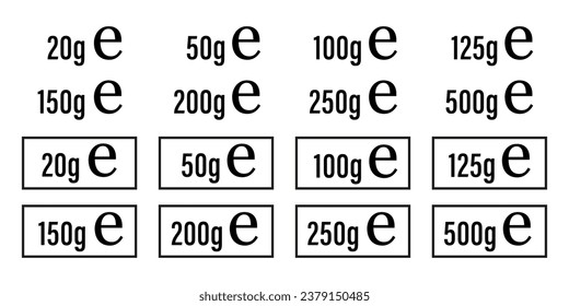 Calculation mark e (e-mark) with correct dimensions in accordance with EU Directive 71 316. Versions with commonly used weights and volumes for food and cosmetics labels. Vector illustration