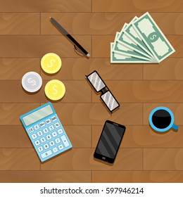 Calculation money top view. Finance audit income, currency and paperwork, salary accounting vector illustration