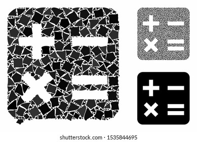 Calculation mosaic of bumpy parts in variable sizes and color tones, based on calculation icon. Vector irregular parts are grouped into collage. Calculation icons collage with dotted pattern.
