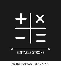 Calculation pixel perfect white linear ui icon for dark theme. Four rules of arithmetic. Vector line pictogram. Isolated user interface symbol for night mode. Editable stroke. Arial font used