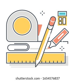 Calculation related color line vector icon, illustration. The icon is about tools, ruler, pencil, marker, meter, calculator, square feet. The composition is infinitely scalable.