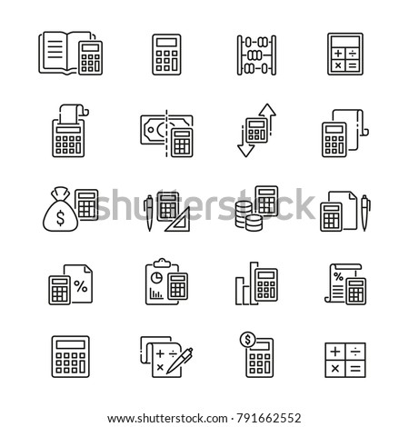 Calculation related icons: thin vector icon set, black and white kit
