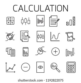 Calculation related vector icon set. Well-crafted sign in thin line style with editable stroke. Vector symbols isolated on a white background. Simple pictograms.