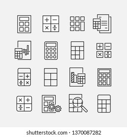 Calculation related vector icon set. Well-crafted sign in thin line style with editable stroke. Vector symbols isolated on a white background. Simple pictograms.