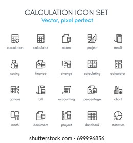 Calculation theme, line icon set. Pixel perfect, fully editable stroke, black and white, vector icon set suitable for websites, info graphics, and print media.