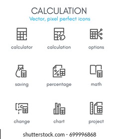 Calculation theme, line icon set. Pixel perfect, fully editable stroke, black and white, vector icon set suitable for websites, info graphics, and print media.