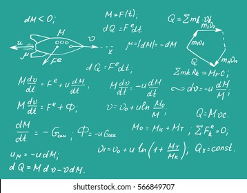 The calculation of the trajectory of a missile. Physical equations on school board. Vector hand-drawn illustration.