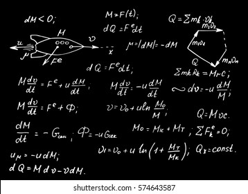 The calculation of the trajectory of a missile. Physical equations on blackboard. Vector hand-drawn illustration.
