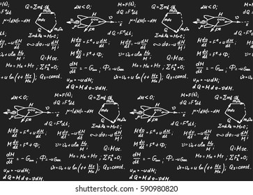 The calculation of the trajectory of a missile. Physical equations and formulas on blackboard. Vector hand-drawn seamless pattern. Technology background.