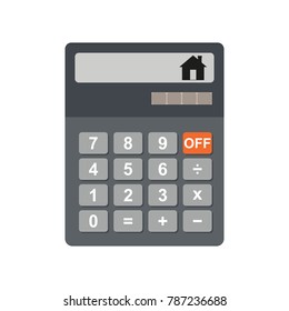 Calculation of the value of the house on an electronic calculator. Icon on white background. Vector flat illustration.