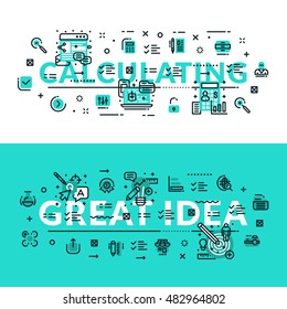 Calculations and Great Idea heading, title, web banner. Horizontal colored in white and turquoise flat vector illustration.?