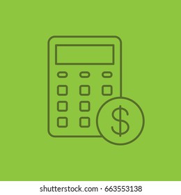 Calculations linear icon. Calculator with dollar sign. Financial planning. Thin line outline symbols on color background. Vector illustration