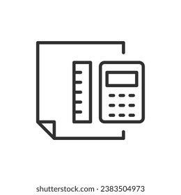 Calculations, linear icon. A piece of paper and a calculator with a ruler. Line with editable stroke