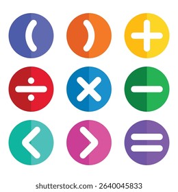 Calculations and mathematical operations on colorful circles. set of mathematical symbols. math icon. vector illustration