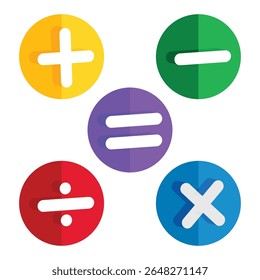 Cálculos e sinais matemáticos em círculos coloridos. conjunto de símbolos matemáticos. ícone matemático. ilustração vetorial