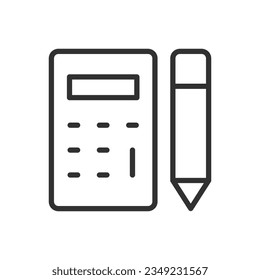 Calculations and notes, calculator and pencil, linear icon. Line with editable stroke