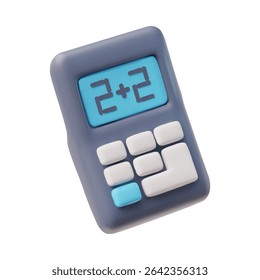 Calculadora 3D plástico desenho animado ícone estilo. Dispositivo de educação escolar de matemática realista para cálculos matemáticos, 2 mais 2. Ilustração de renderização de vetor da fonte eletrônica de escritório com botões isolados