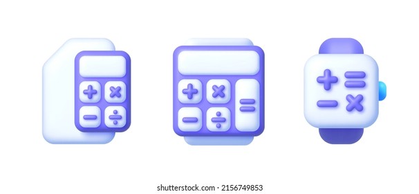 Calculator 3D set for concept design. Business, education concept. Isolated vector illustration