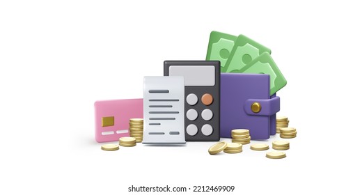 Calculator 3D wallet with paper currency and credit card financial bill and coin stacks. Money savings and finance expense management. Deposit bank account concept. Vector illustration