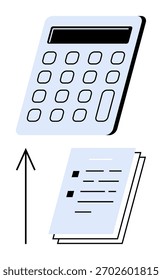 La calculadora sobre los documentos con la flecha hacia arriba que indica el crecimiento financiero. Ideal para finanzas, contabilidad, presupuestos, inversiones, análisis de negocios, crecimiento económico, planificación. Metáfora de línea