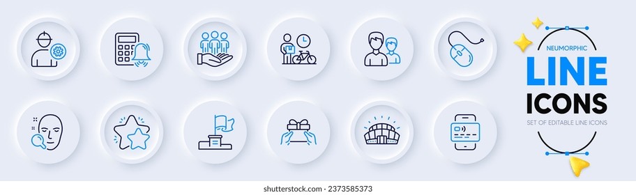 Calculator-Alarm, Computer-Maus und Face-Suchlinien-Symbole für Web-App. Pack of Sports Stadium, Gib Geschenk, Beste Käufer Piktogramm Icons. Ingenieur, Karte, Doppelzeichen. Stern. Vektorgrafik