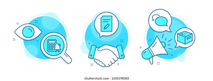 Calculator alarm, Edit document and Office box line icons set. Handshake deal, research and promotion complex icons. Messenger sign. Accounting, Page with pencil, Delivery box. Speech bubble. Vector