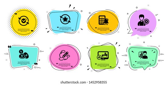 Calculator alarm, Keywords and Approved line icons set. Chat bubbles with quotes. Support, Loyalty points and Presentation board signs. Currency exchange, Candlestick chart symbols. Vector