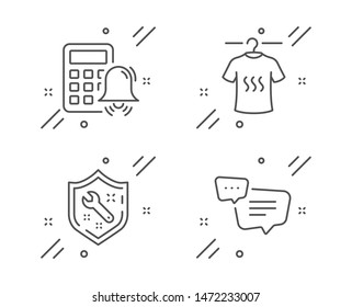 Calculator alarm, Spanner and Dry t-shirt line icons set. Text message sign. Accounting, Repair service, Laundry shirt. Chat bubble. Business set. Line calculator alarm outline icon. Vector