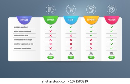 Calculator alarm, Survey checklist and Shopping cart icons simple set. Comparison table. Fan engine sign. Accounting, Report, Online buying. Ventilator. Finance set. Pricing plan. Vector