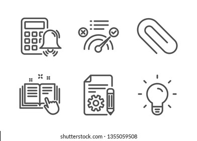 Calculator alarm, Technical documentation and Documentation icons simple set. Paper clip, Correct answer and Light bulb signs. Accounting, Manual. Education set. Line calculator alarm icon. Vector
