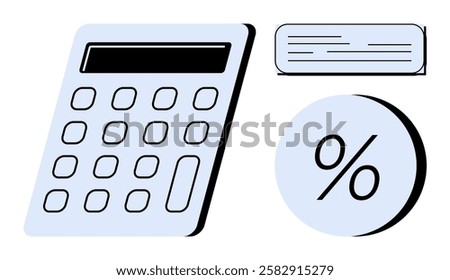 Calculator alongside percentage sign and document outline. Ideal for finance, accounting, budgeting, tax preparation, financial planning, educational purposes, financial analysis. Line metaphor