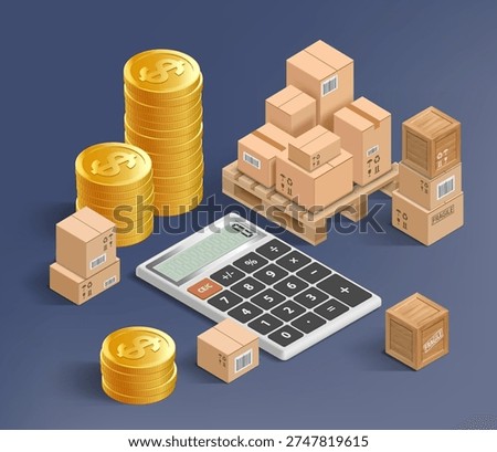 Calculator among cardboard boxes and coins. Freight transportation costs. Vector isometric projection.