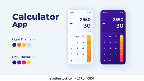 Calculator app cartoon smartphone interface vector templates set. Mobile app screen page day mode design. Calculator with basic functions UI for application. Phone display with flat illustrations