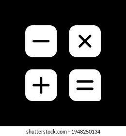 Calculator app dark mode glyph icon. Arithmetic operations. Performing calculations. Smartphone UI button for application. White silhouette symbol on black space. Vector isolated illustration