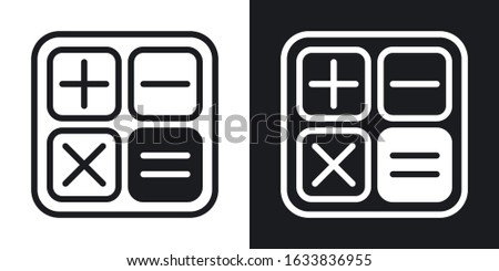 Calculator app icon for smartphone, tablet, laptop or other smart device with mobile interface. Minimalistic two-tone version on black and white background