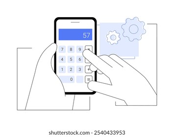 Ilustrações isoladas do vetor de desenhos animados do aplicativo Calculadora. Empresário segurando smartphone e usando aplicativo calculadora, tecnologia de TI moderna, processo de contabilidade inteligente vetor cartoon.