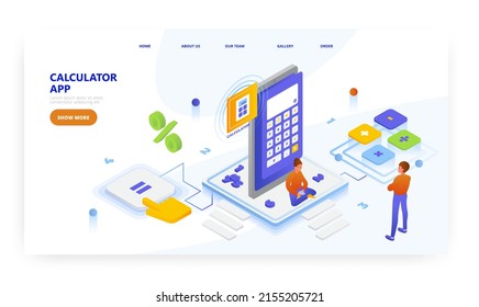 Calculator app, landing page design, website banner vector template. Online math problem solver.