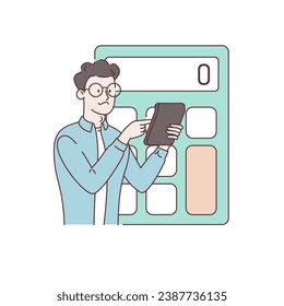 Calculator app. Man with calculator for math operations, budget, data, income, finance. Accounting, financial analytics, budget calculation, audit debit and credit calculations. Vector illustration. 