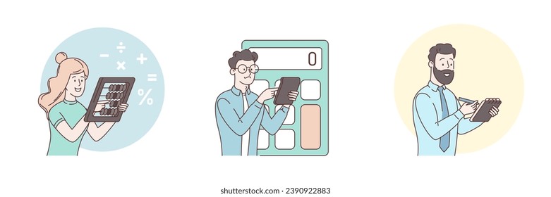 Calculator app. Men and women engaged in accounting, financial analysis, calculation. Family budget, payment of debt. Accounting, financial analytics, bookkeeping, budget calculation. Blue vector set