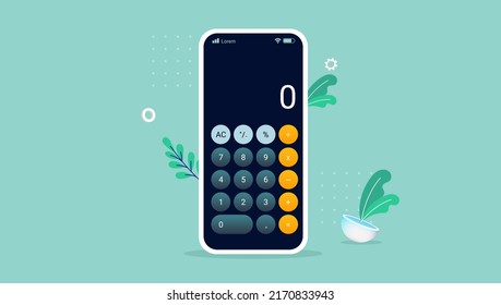 Aplicación de cálculo en pantalla telefónica - Ilustración vectorial en diseño plano sobre fondo verde