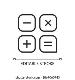 Calculator app pixel perfect linear icon. Arithmetic operations. Performing calculations. Thin line customizable illustration. Contour symbol. Vector isolated outline drawing. Editable stroke