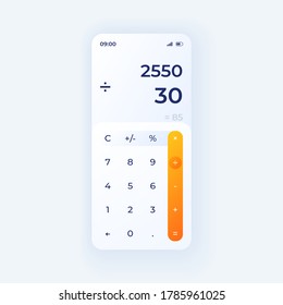 Calculator app smartphone interface vector template. Mobile app page day mode design layout. Mathematical calculations screen. Flat UI for application. Numbers and symbols on phone display