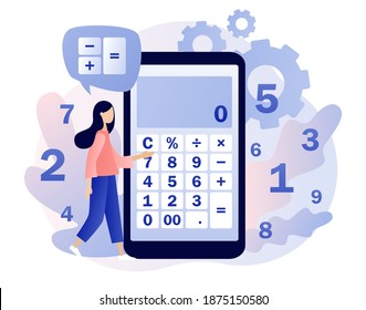 Calculator app. Tiny people with calculating. Accounting, financial analytics, budget calculation, bookkeeping,  audit debit and credit calculations. Modern flat cartoon style. Vector illustration