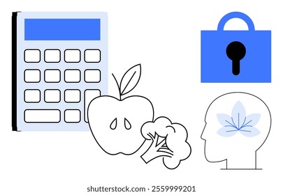 Calculator, apple, broccoli, head with a leaf, blue padlock represent health, nutrition, mental wellness, security, finance. Ideal for wellness, nutrition, mental health, financial security, digital