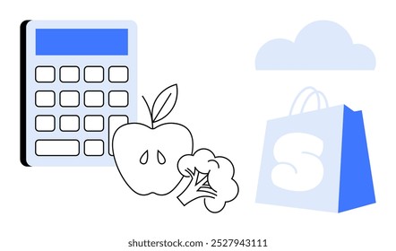 Una calculadora, una manzana, un brócoli y una bolsa de la compra con el logotipo de la S. Ideal para una alimentación saludable presupuestar la nutrición compras inteligentes y la planificación financiera. Estilo sencillo y moderno