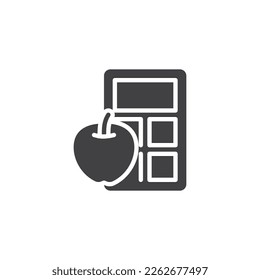 Icono de calculadora y vector de manzana. signo plano relleno para concepto móvil y diseño web. Icono de glifo de calculadora de calorías. Símbolo, ilustración del logotipo. Gráficos vectoriales