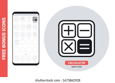 Calculator application icon for smartphone, tablet, laptop or other smart device with mobile interface. Simple black and white version. Contains free bonus icons