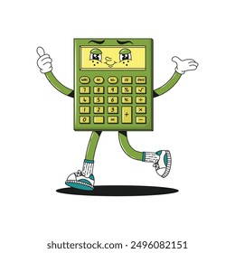 Calculator. Back to school funny groovy retro vintage psychedelic stationery character. Mascot for stationery, social media, posters, products isolated on white background. Editable stroke. 